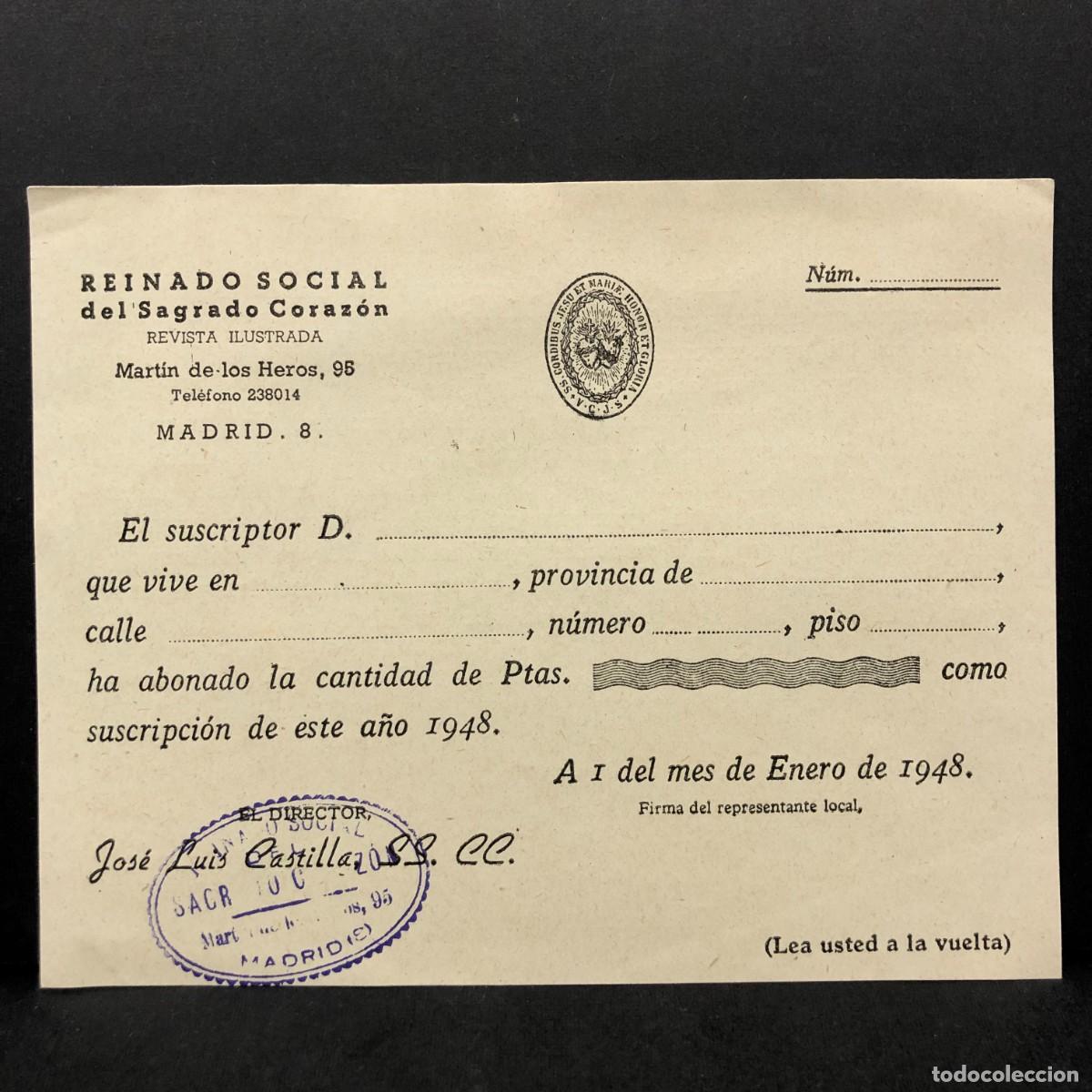 Documentos antiguos: RESGUARDO DE SUSCRIPTOR - REINADO SOCIAL DEL SAGRADO CORAZON - ENERO 1948 - MADRID - RAR&Iacute;SIMO / 5356