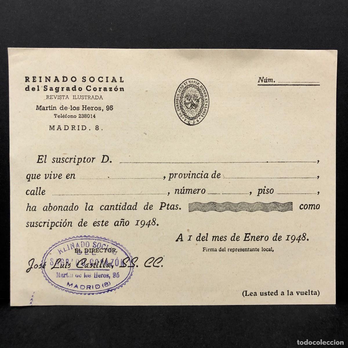 Documentos antiguos: RESGUARDO DE SUSCRIPTOR - REINADO SOCIAL DEL SAGRADO CORAZON - ENERO 1948 - MADRID - RAR&Iacute;SIMO / 5357