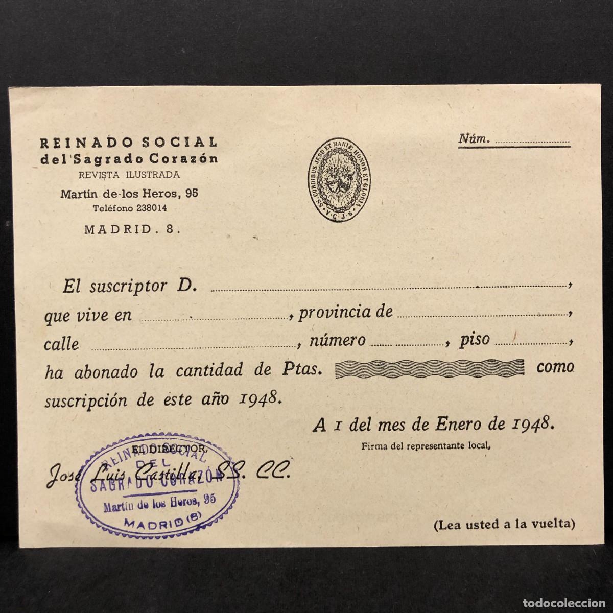 Documentos antiguos: RESGUARDO DE SUSCRIPTOR - REINADO SOCIAL DEL SAGRADO CORAZON - ENERO 1948 - MADRID - RAR&Iacute;SIMO / 5358