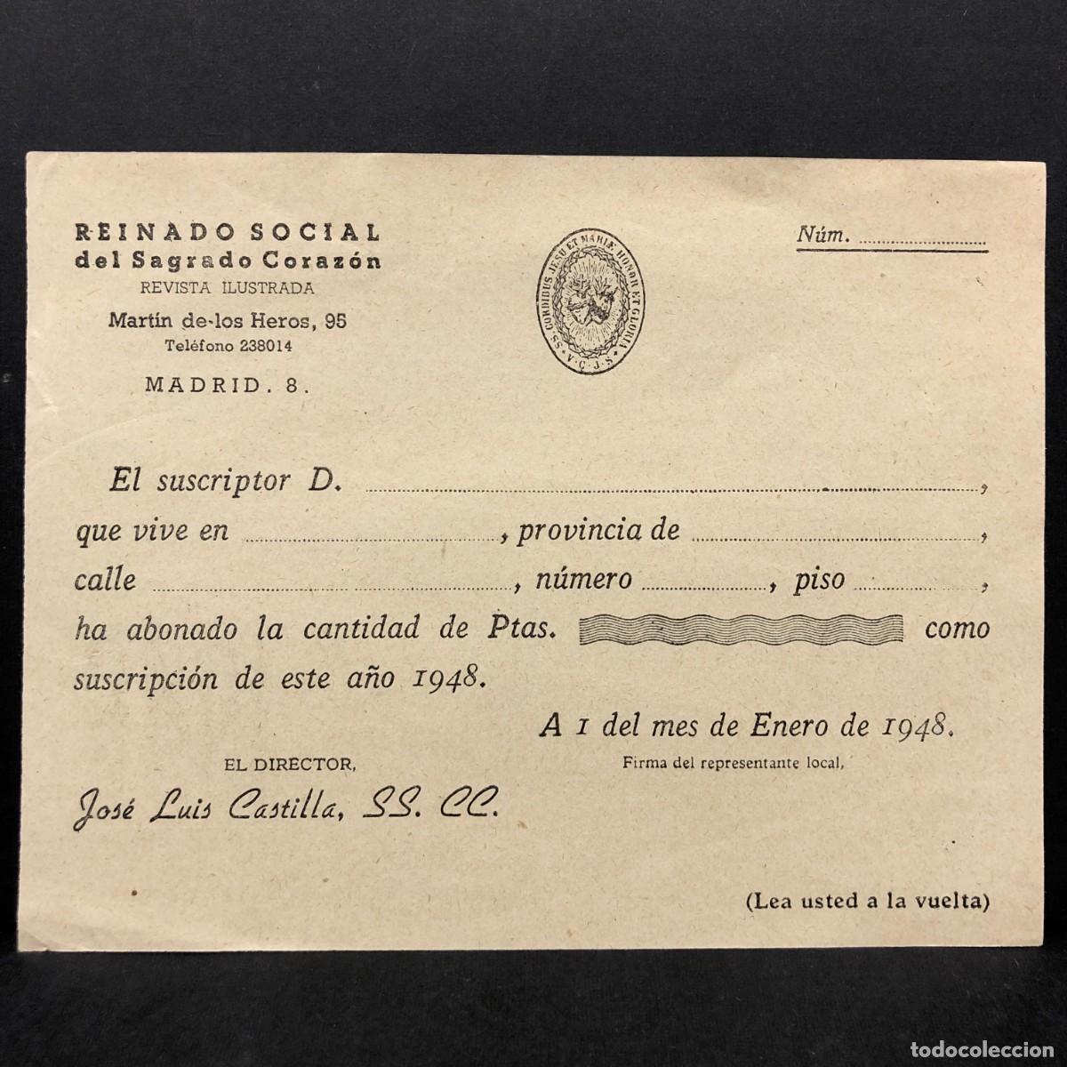 Documentos antiguos: RESGUARDO DE SUSCRIPTOR - REINADO SOCIAL DEL SAGRADO CORAZON - ENERO 1948 - MADRID - RAR&Iacute;SIMO / 5359