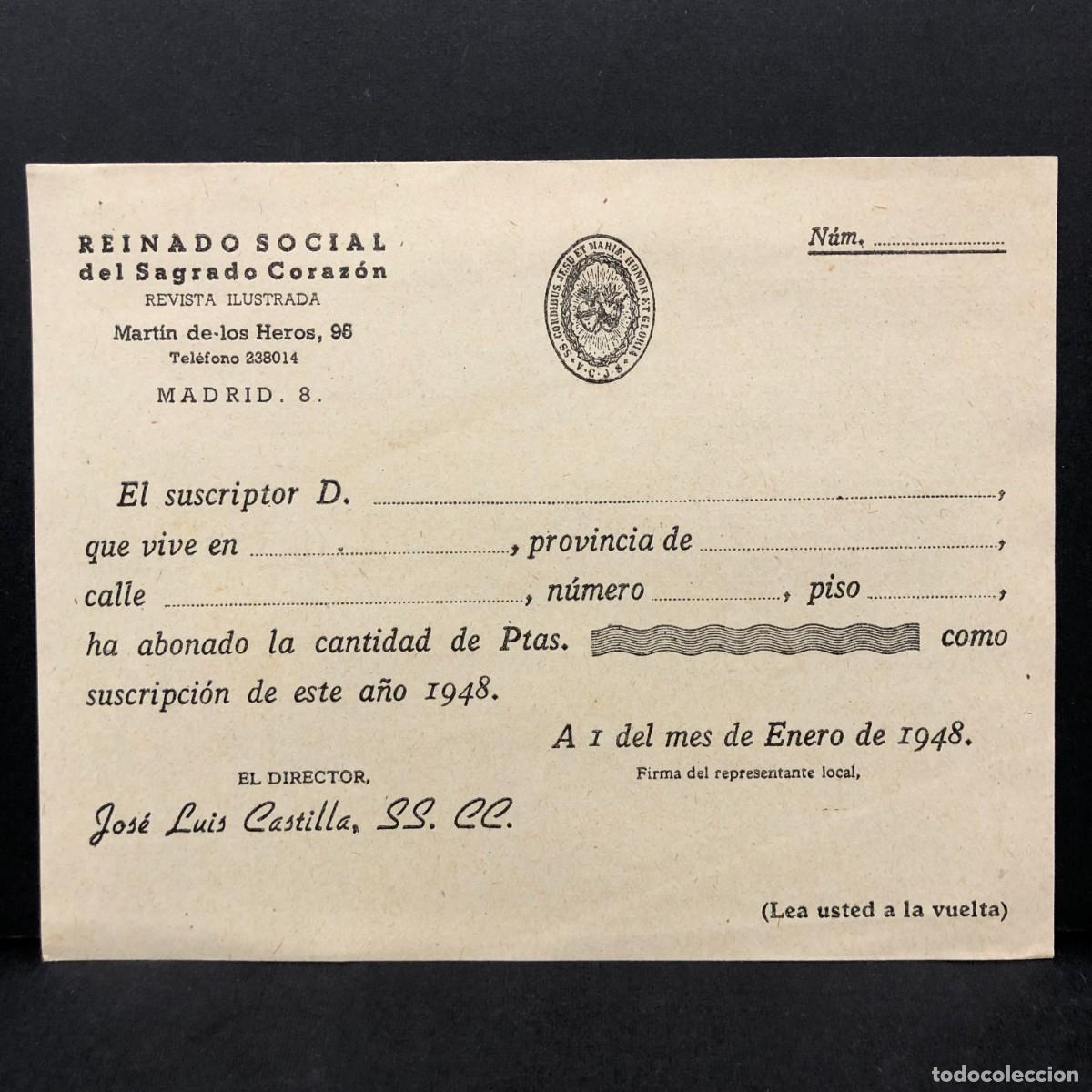 Documentos antiguos: RESGUARDO DE SUSCRIPTOR - REINADO SOCIAL DEL SAGRADO CORAZON - ENERO 1948 - MADRID - RAR&Iacute;SIMO / 5360