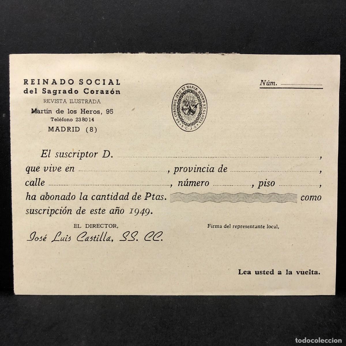 Documentos antiguos: RESGUARDO DE SUSCRIPTOR - REINADO SOCIAL DEL SAGRADO CORAZON - 1949 - MADRID - RECIBO / 5361