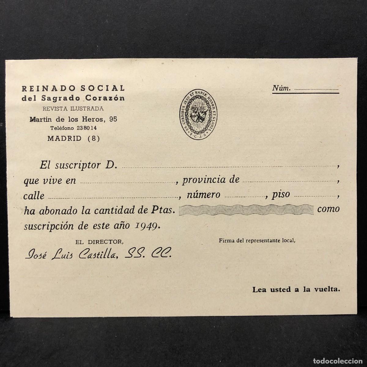 Documentos antiguos: RESGUARDO DE SUSCRIPTOR - REINADO SOCIAL DEL SAGRADO CORAZON - 1949 - MADRID - RECIBO / 5362