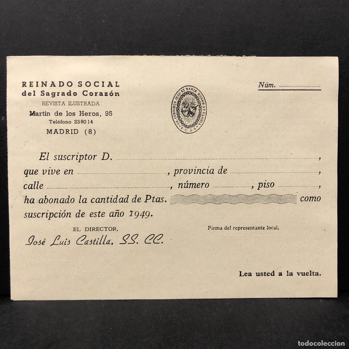 Documentos antiguos: RESGUARDO DE SUSCRIPTOR - REINADO SOCIAL DEL SAGRADO CORAZON - 1949 - MADRID - RECIBO / 5363