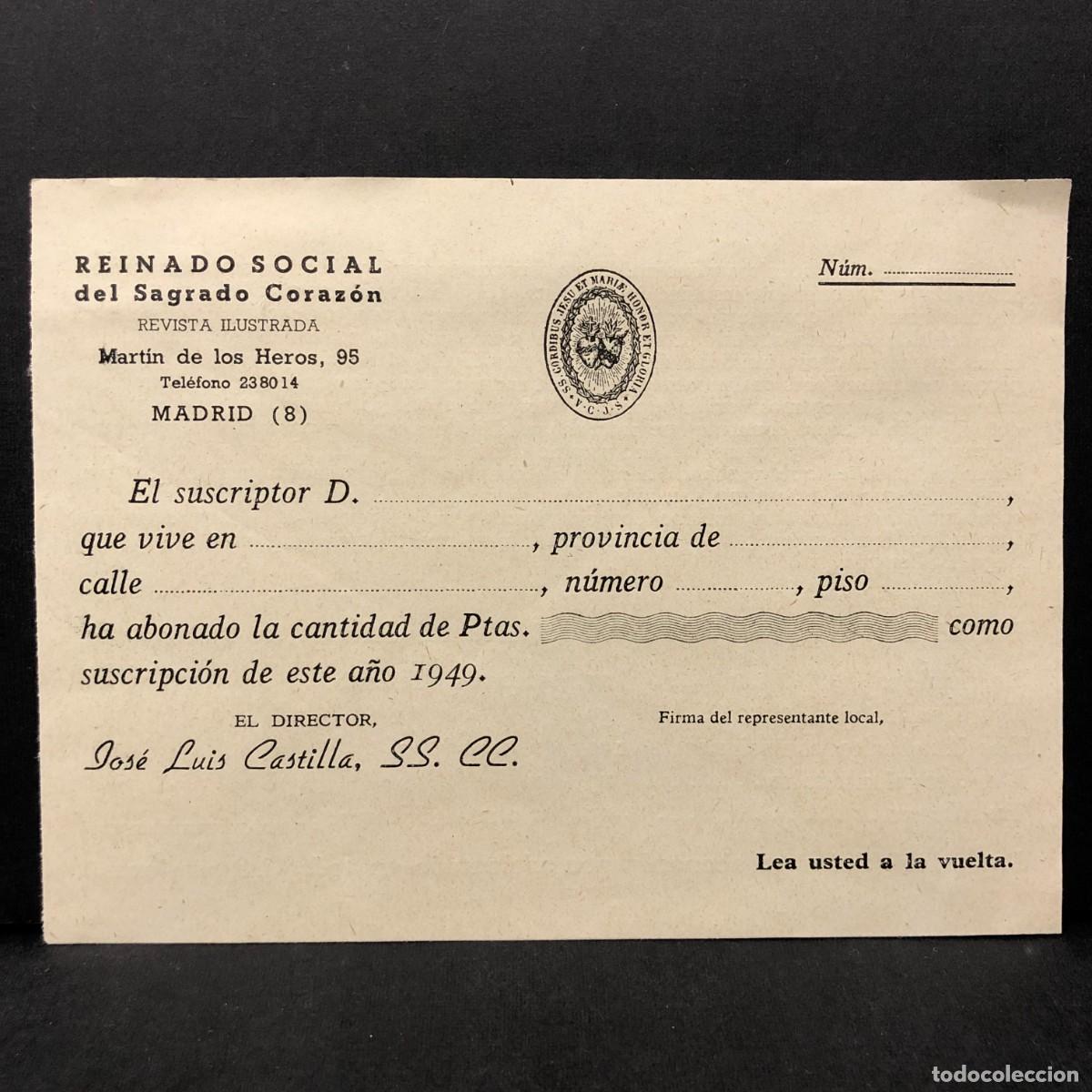 Documentos antiguos: RESGUARDO DE SUSCRIPTOR - REINADO SOCIAL DEL SAGRADO CORAZON - 1949 - MADRID - RECIBO / 5364