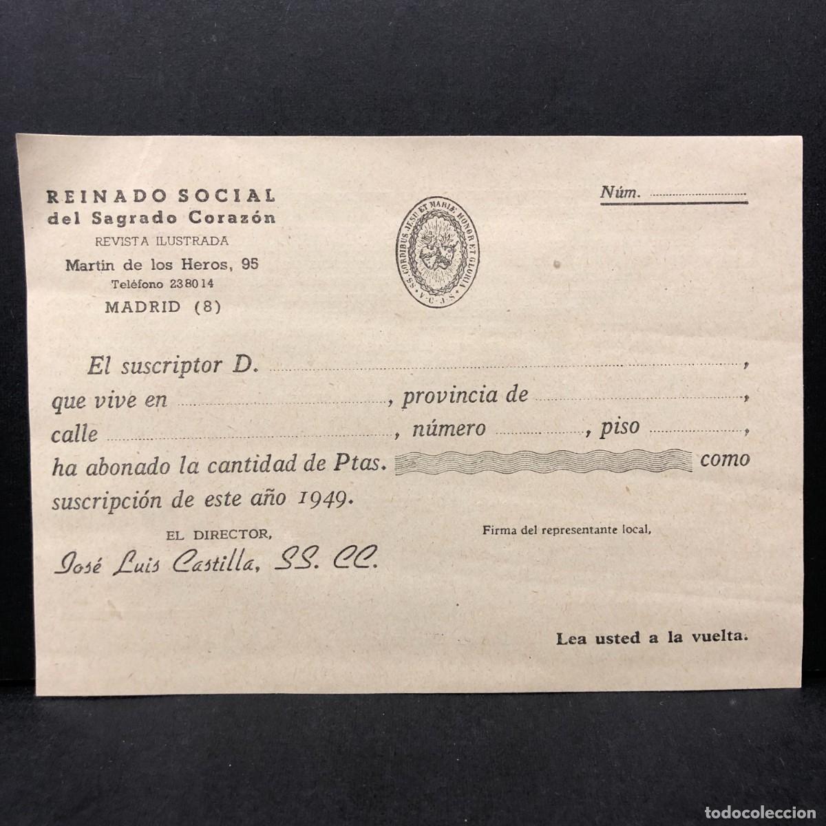 Documentos antiguos: RESGUARDO DE SUSCRIPTOR - REINADO SOCIAL DEL SAGRADO CORAZON - 1949 - MADRID - RECIBO / 5365