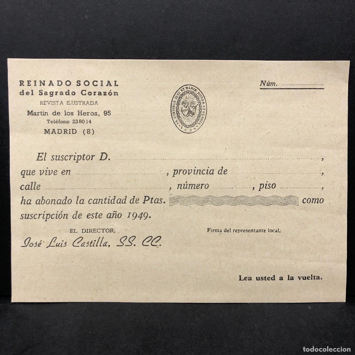 Documentos antiguos: RESGUARDO DE SUSCRIPTOR - REINADO SOCIAL DEL SAGRADO CORAZON - 1949 - MADRID - RECIBO / 5366