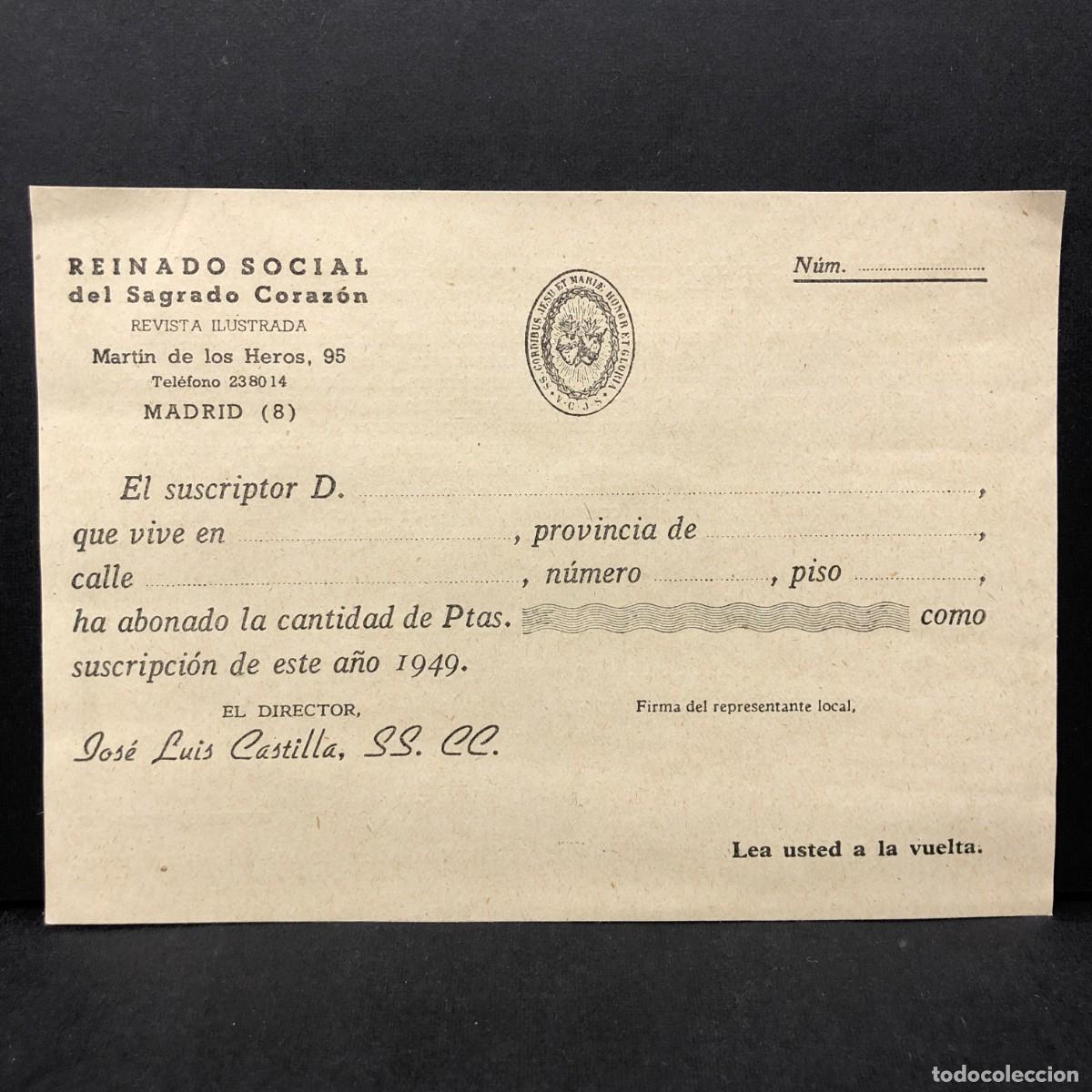 Documentos antiguos: RESGUARDO DE SUSCRIPTOR - REINADO SOCIAL DEL SAGRADO CORAZON - 1949 - MADRID - RECIBO / 5367