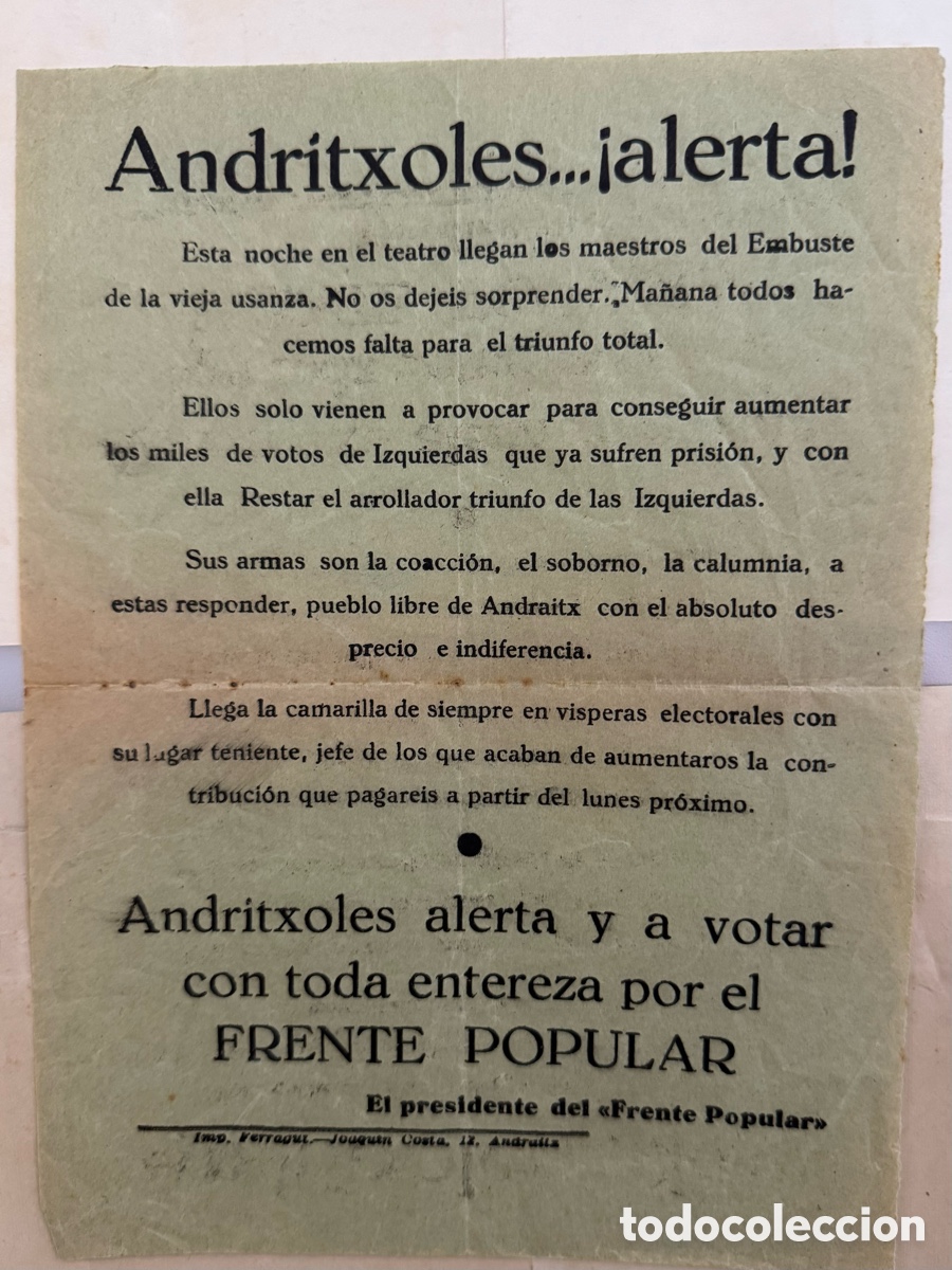 Documentos antiguos: Raro Folleto Propaganda Electoral 1936 Frente Popular Andraitx Mallorca Segunda Guerra Civil