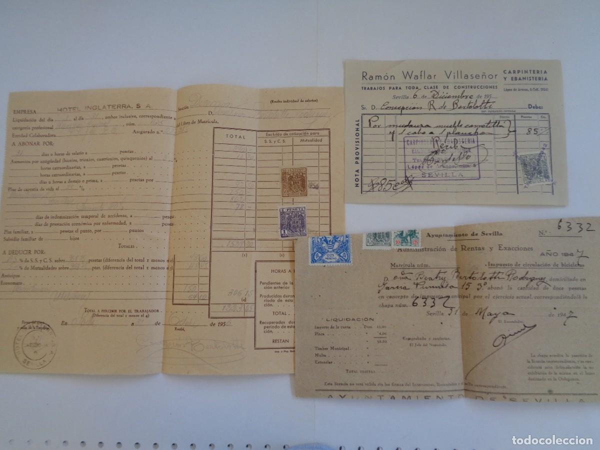 Documentos antiguos: LOTE DE 3 DOCUMENTOS CON VI&Ntilde;ETAS , SEVILLA A&Ntilde;OS 40 Y 50: FACTURA RAMON WAFLAR, HOTEL INGLATERRA, AYU