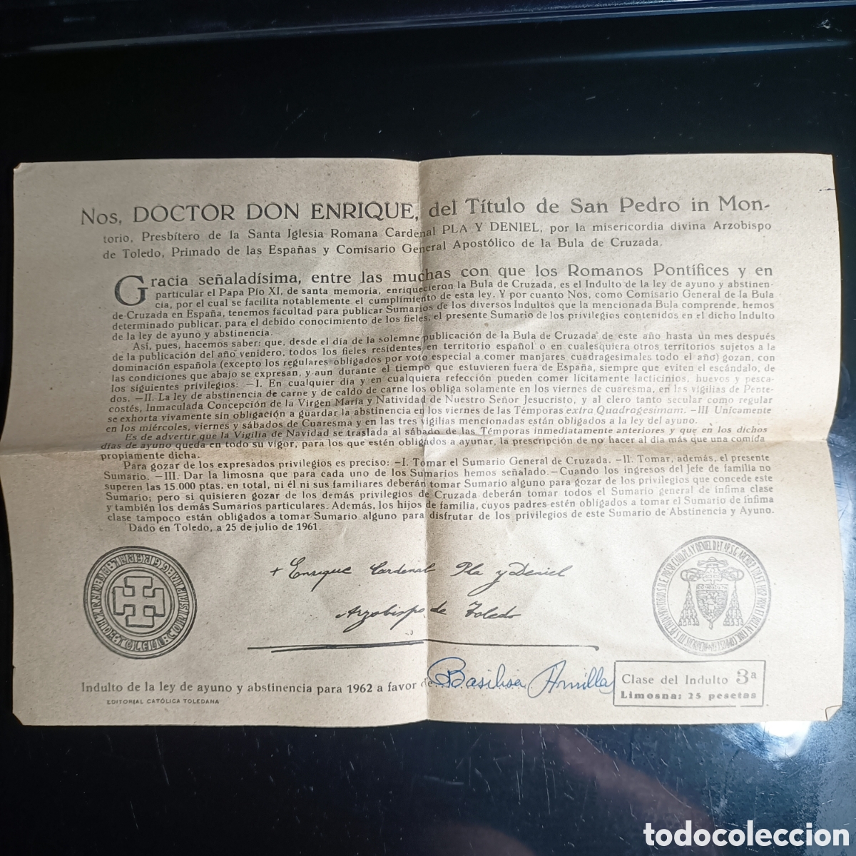 Documentos antiguos: INDULTO DE LA LEY DE AYUNO Y ABSTINENCIA PARA 1962 A FAVOR DE: