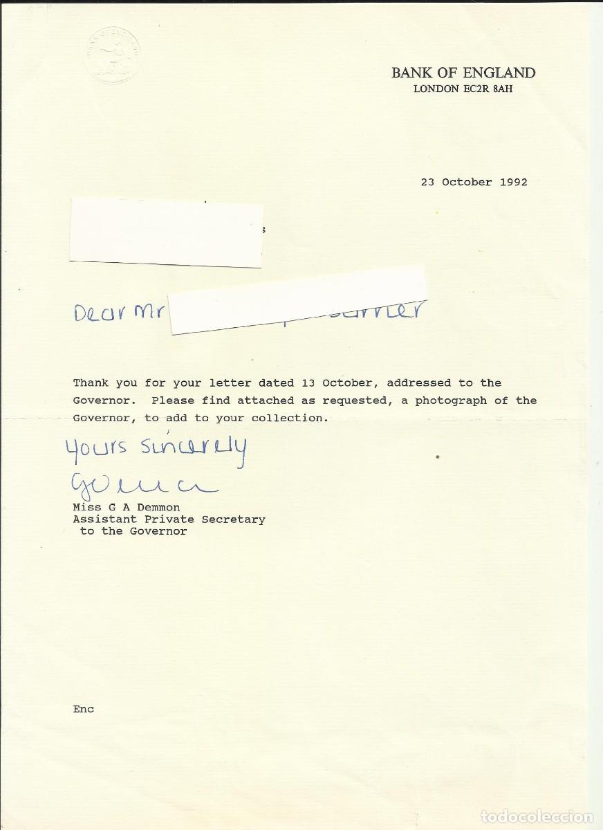 Documentos antiguos: Bank of England. 1992. Miss G A Demmon. London. Londres. Documento firmado. 29,5x21 cm.