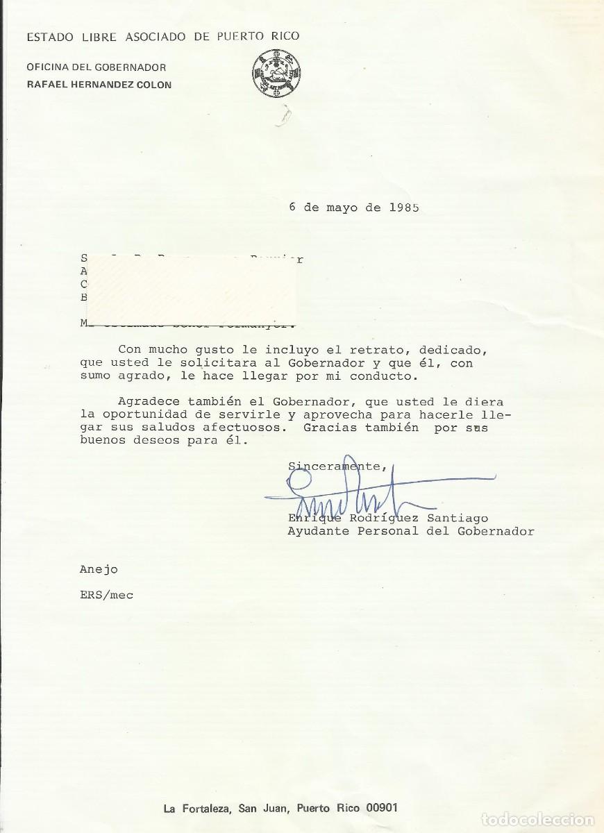 Documentos antiguos: Puerto Rico. Oficina del Gobernador. Enrique Rodr&iacute;guez Santiago. Documento firmado. 28x20 cm. 1985.