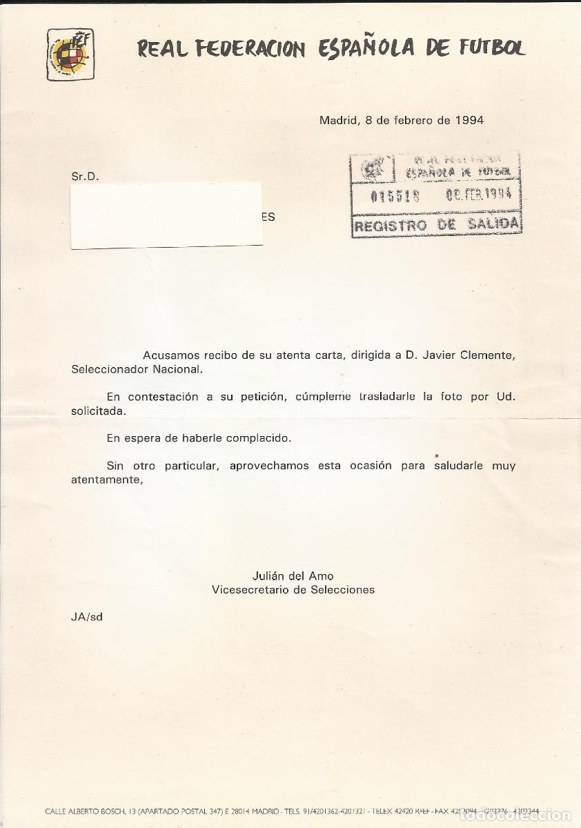 Documentos antiguos: Real Federaci&oacute;n Espa&ntilde;ola de F&uacute;tbol. Madrid. 1994. Documento carta. Juli&aacute;n del Amo. 30x21 cm.