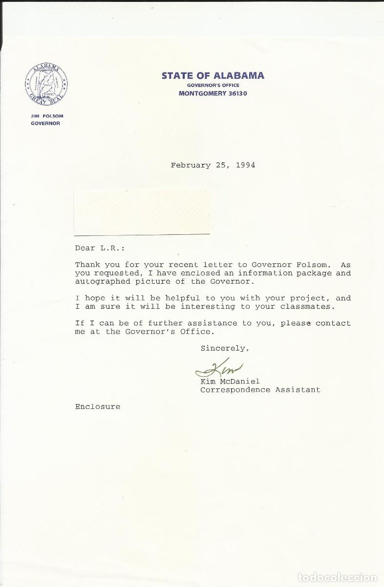 Documentos antiguos: State of Alabama. Governor's Office. Jim Folsom. USA. 1994. Kim McDaniel. Documento firmado.