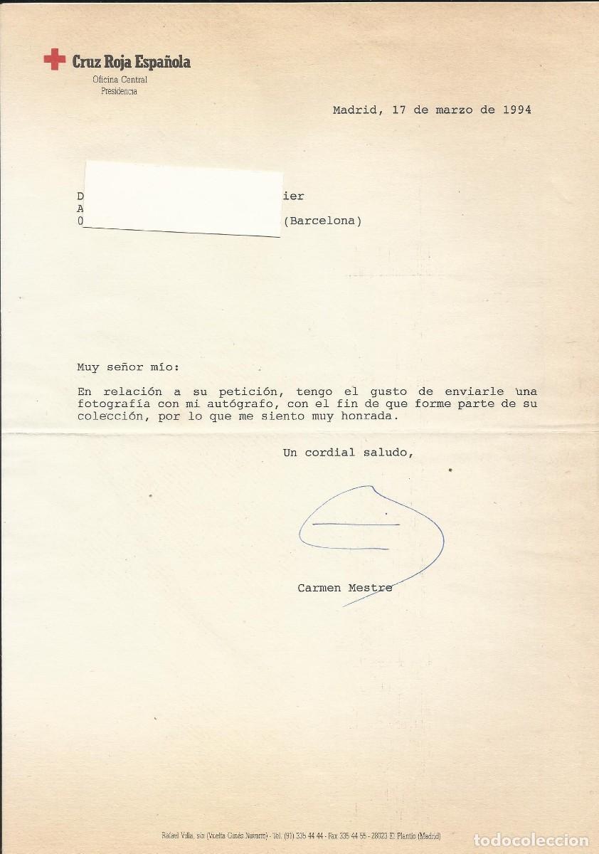 Documentos antiguos: Cruz Roja Espa&ntilde;ola. Presidencia. Carmen Mestre. Documento firmado. Madrid. 1994. 30x21 cm.