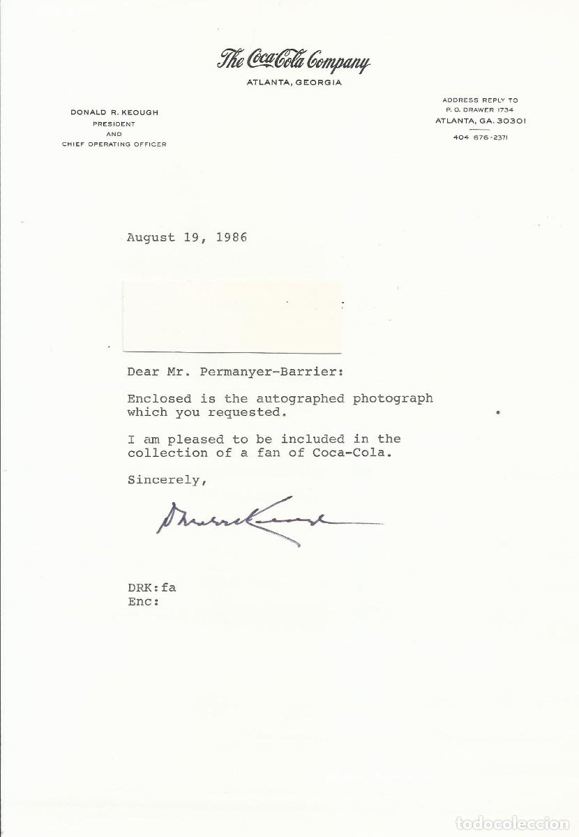 Documentos antiguos: Coca-Cola Company. Atlanta. Georgia. USA. Donald R. Keough. Documento firmado. 1986. 27x18 cm.
