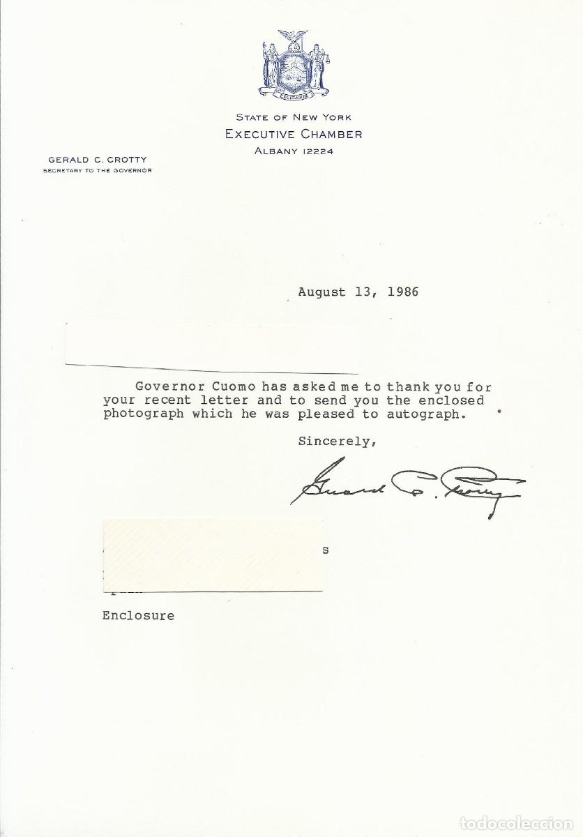 Documentos antiguos: State of New York. USA. Albany. Governor. Gerald C. Crotty. Documento firmado. 1986. 27x18 cm.