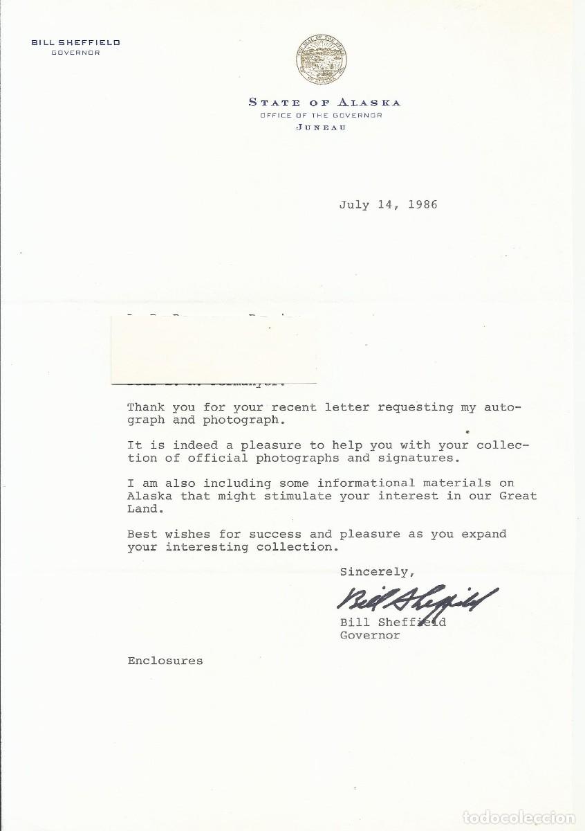 Documentos antiguos: State of Alaska. Governor. Juneau. USA. Bill Sheffield. Documento firmado. 1986. 28x19 cm.