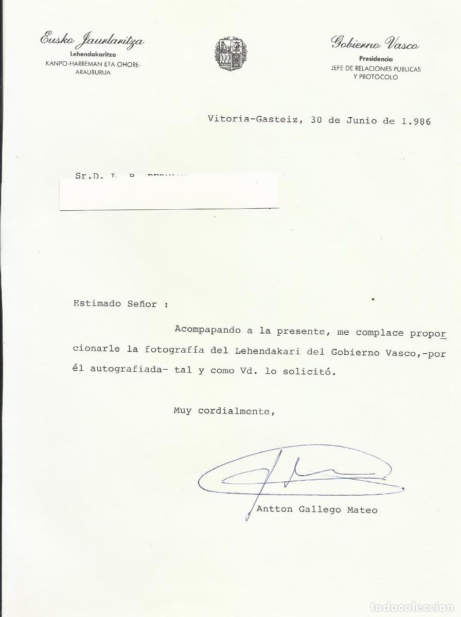 Documentos antiguos: Gobierno Vasco. Eusko Jaurlalitza. Antton Gallego Mateo. Documento firmado. 1986. 26x20 cm.