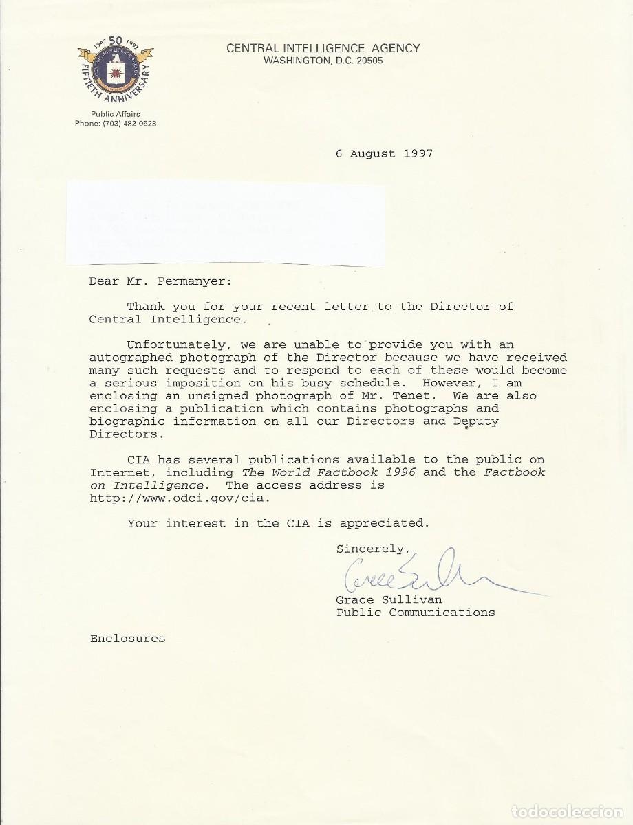 Documentos antiguos: CIA. Central Intelligence Agency. Washington. USA. Grace Sullivan. Documento firmado. 1997.