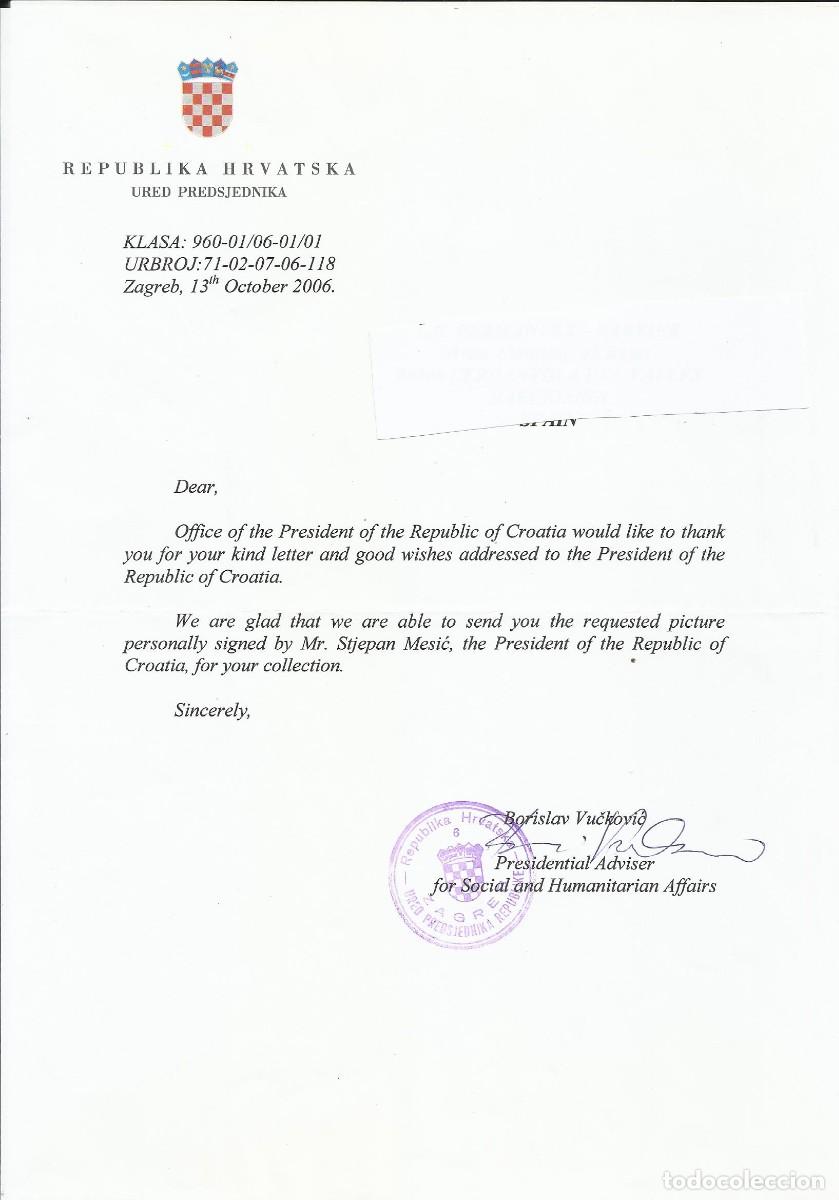 Documentos antiguos: Croacia. Republika Hrvatska. Zagreb. Oficina Presidente. Borislav Vuckovic. Documento firmado. 2006.