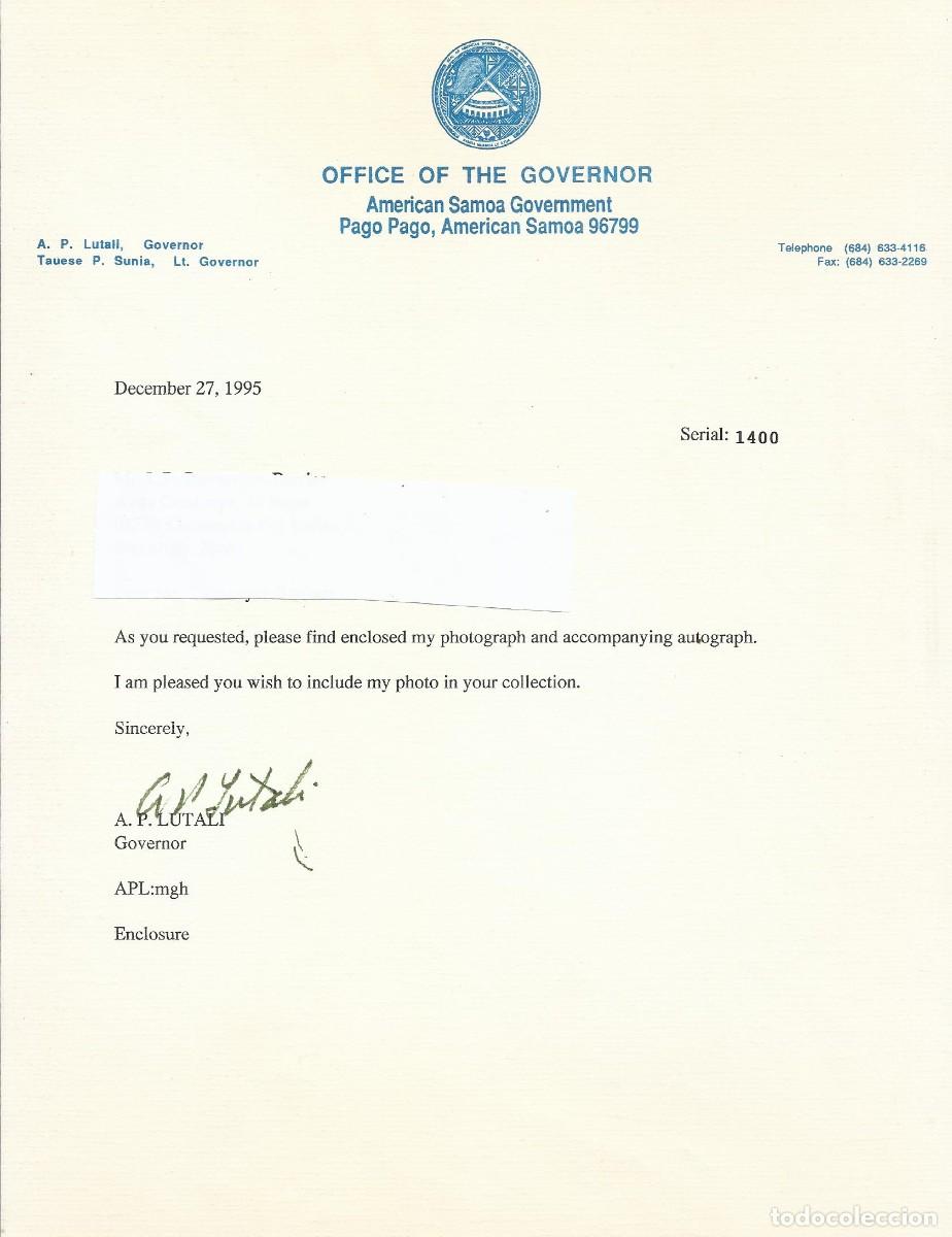 Documentos antiguos: USA. American Samoa Government. Pago Pago. A. P. Lutali. Documento firmado. 1995. 28x22 cm.