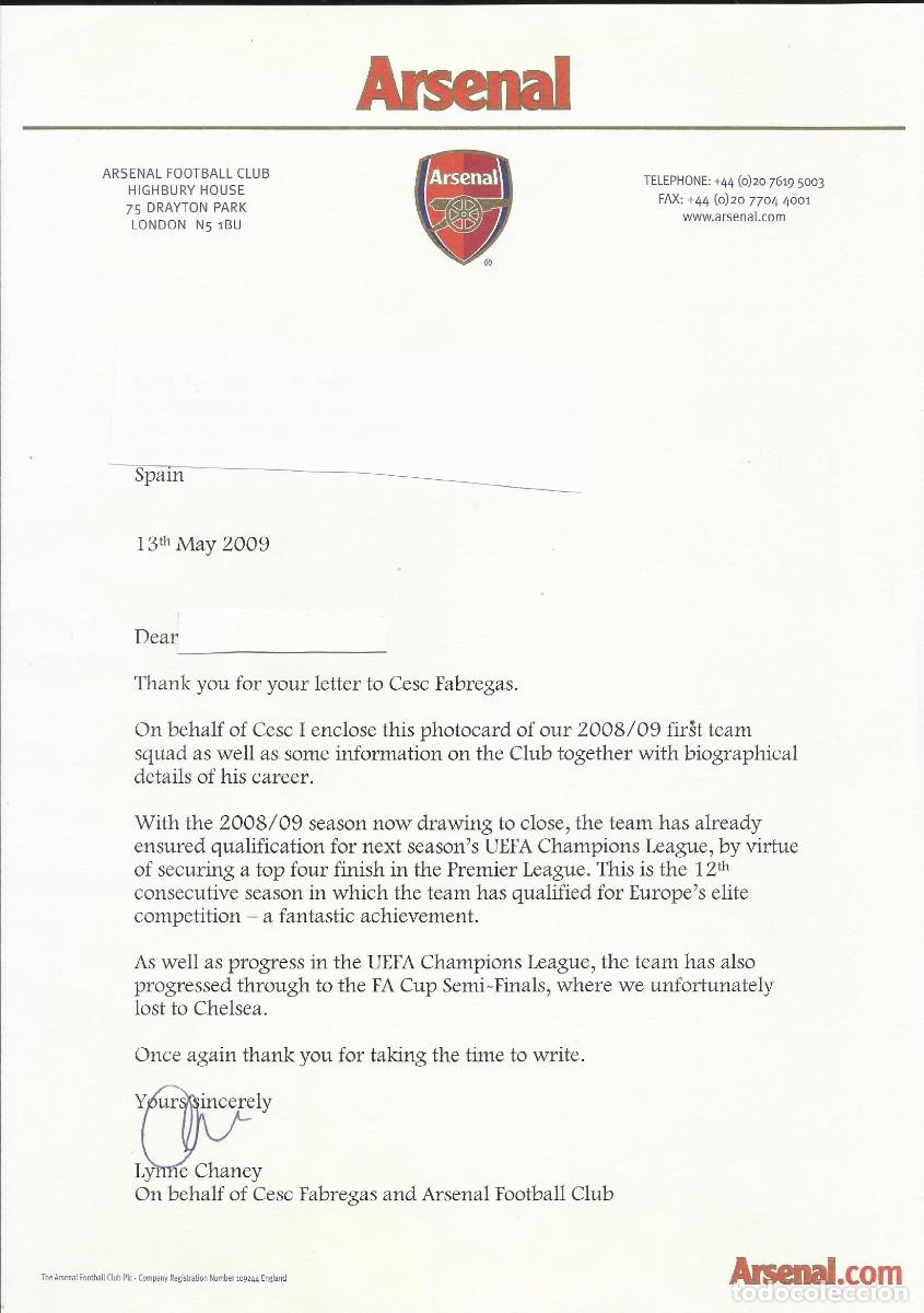 Documentos antiguos: Arsenal. Footbal Club. F&uacute;tbol. Lynne Chaney. Cesc Fabregas. Documento firmado. 2009. 30x21 cm.