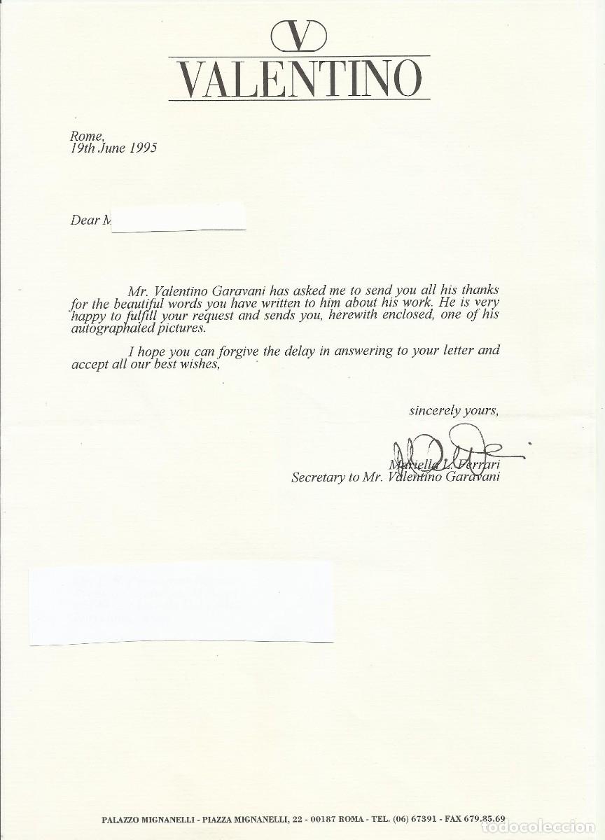 Documentos antiguos: Valentino. Roma. Valentino Garavani. Mariella L. Ferrari. Documento firmado. 1995. 30x21 cm.