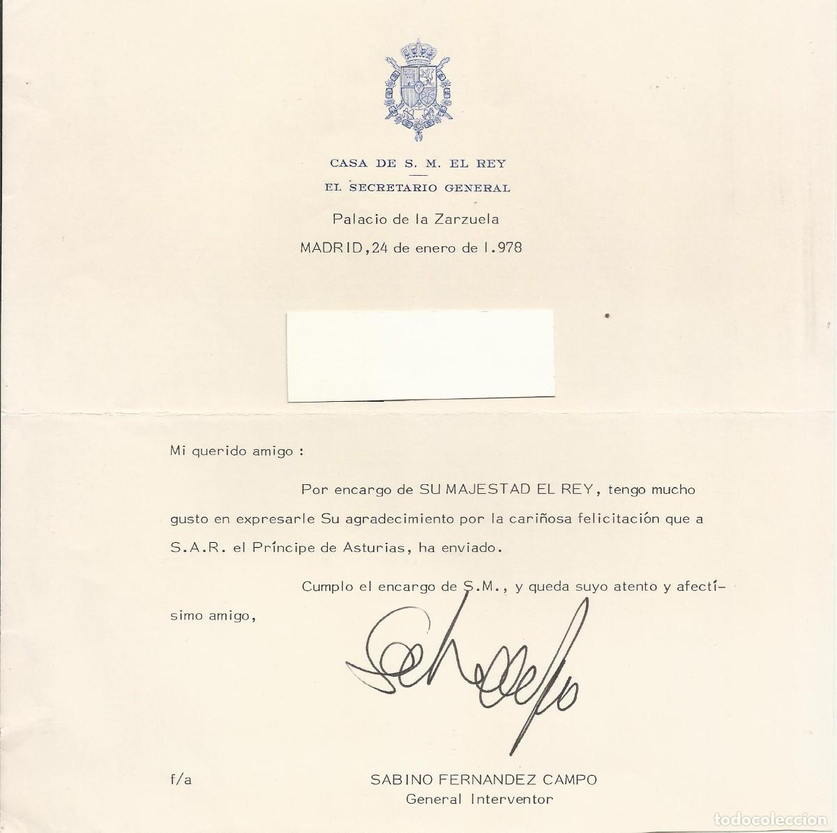 Documentos antiguos: Secretario General. Casa de S. M. El Rey. Sabino Fern&aacute;ndez Campo. Dcumento firmado. 1978. Madrid.