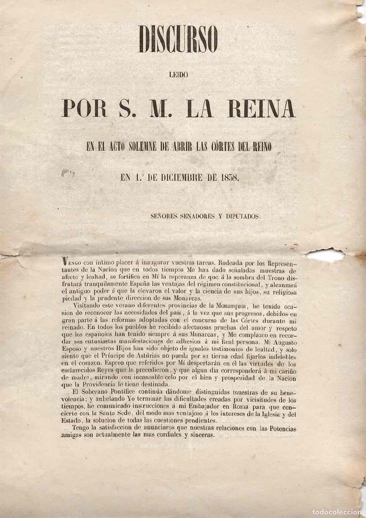 Documentos antiguos: DISCURSO LEIDO POR S.M. LA REINA EN EL ACTO SOLEMNE DE ABRIR LAS CORTES DEL REINO 1 DIC. 1858