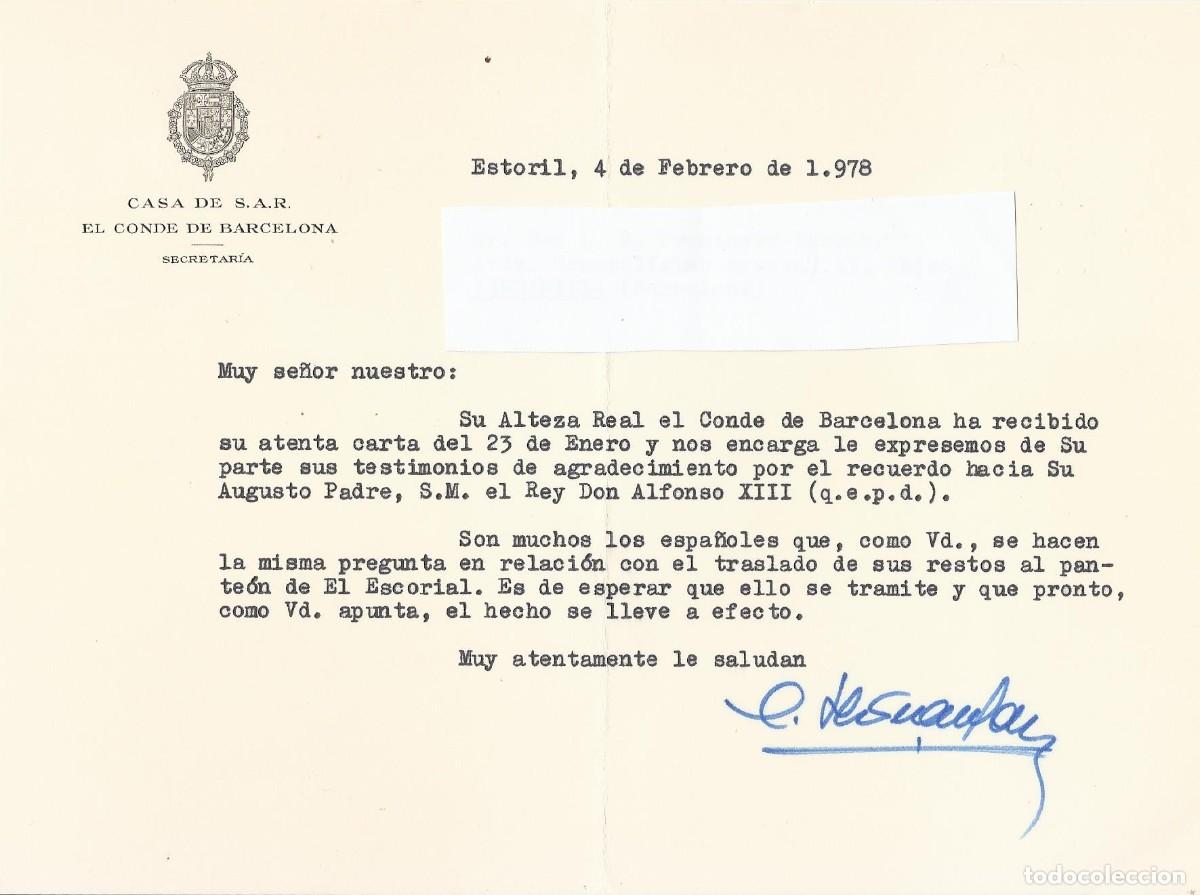 Documentos antiguos: Casa de S. A. R. Conde de Barcelona. Secretar&iacute;a. Estoril Portugal. 1978. Eugenio Hernansanz. Firmado