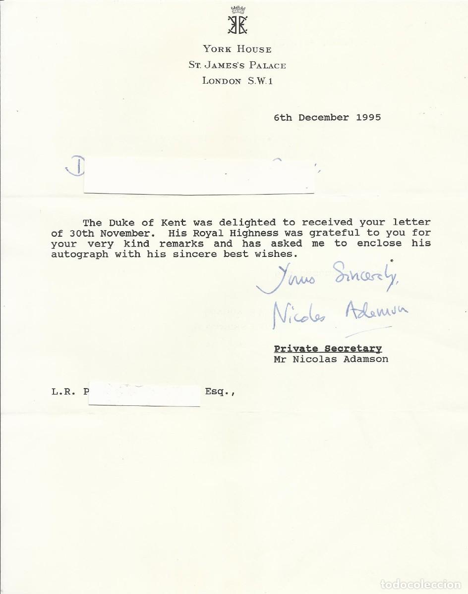 Documentos antiguos: York House. London. St. Jame's Palace. Duke of Kent. Nicolas Adamson. Documento firmado. 1995.