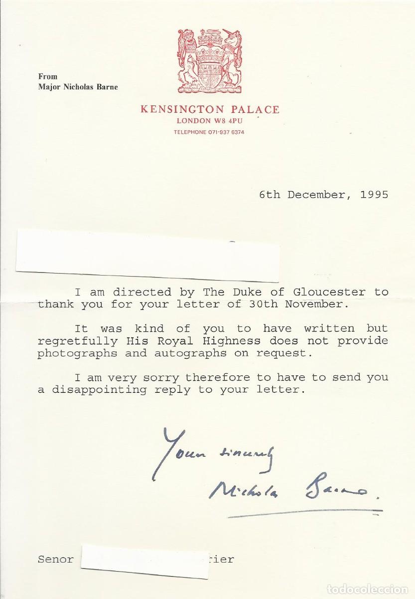 Documentos antiguos: Kensington Palace. London. Nicholas Burne. Alcalde. Major. Documento firmado. 1995. 21x15 cm.
