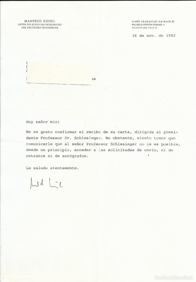 Documentos antiguos: Manfred Kiesel. Deutschen Bundesbank. 1992. Frankfurt. Documento firmado. 30x21 cm.