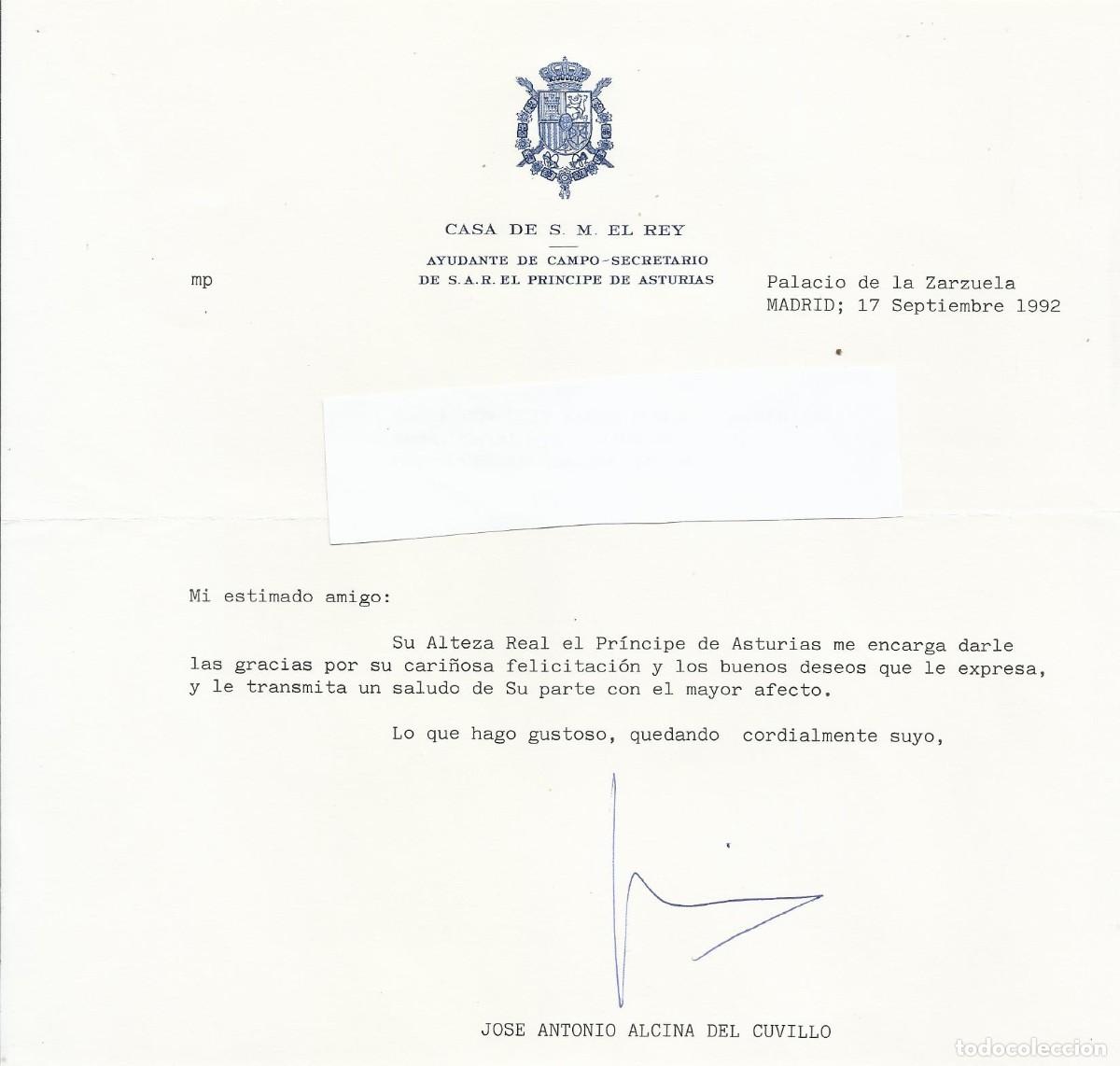 Documentos antiguos: Secretario. Casa de S. M. El Rey. Jos&eacute; Antonio Alcina del Cuvillo. Documento firmado. 1992. Madrid.