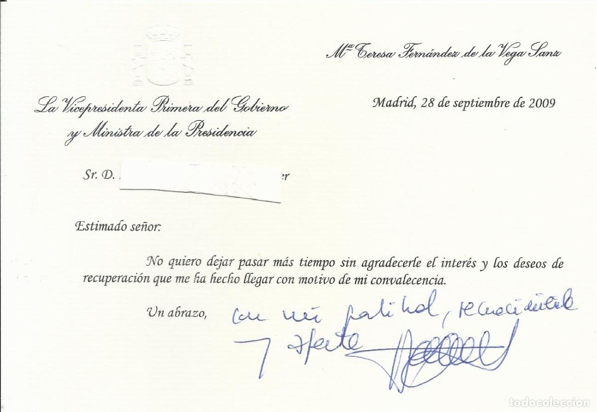 Documentos antiguos: Mar&iacute;a Teresa Fern&aacute;ndez de la Vega Sanz. Vicepresidenta. Tarjeta firmada. 2009. Madrid.