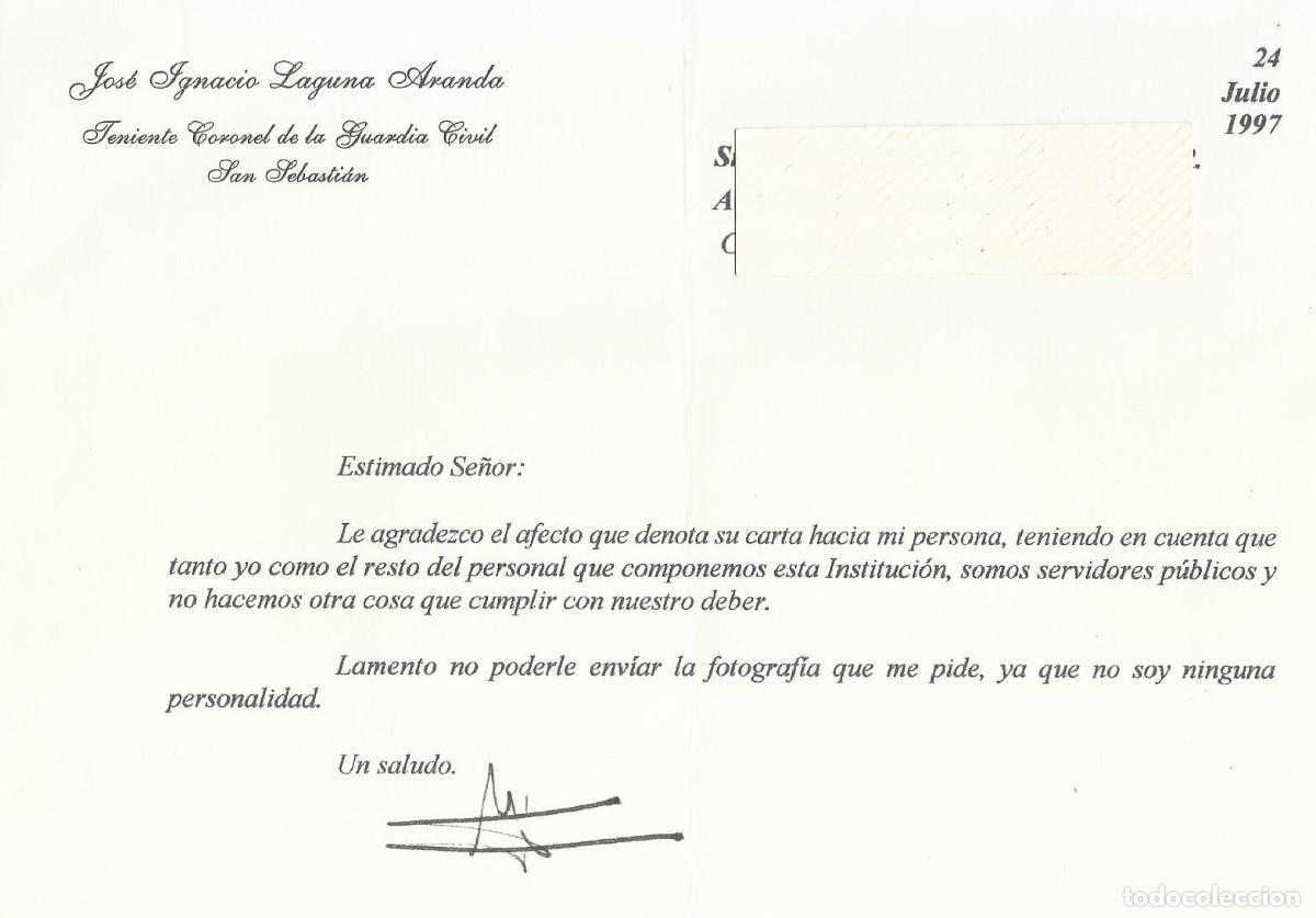 Documentos antiguos: Jos&eacute; Ignacio Laguna Aranda. Teniente Guardia Civil. Documento firmado. 1997 San Sebasti&aacute;n. 15x21 cm.