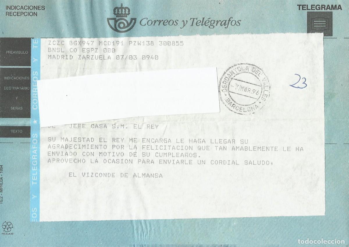 Documentos antiguos: Telegrama. Jefe Casa S. M. El Rey. Vizconde de Almansa. Madrid. Zarzuela. 1996. 15x21 cm.