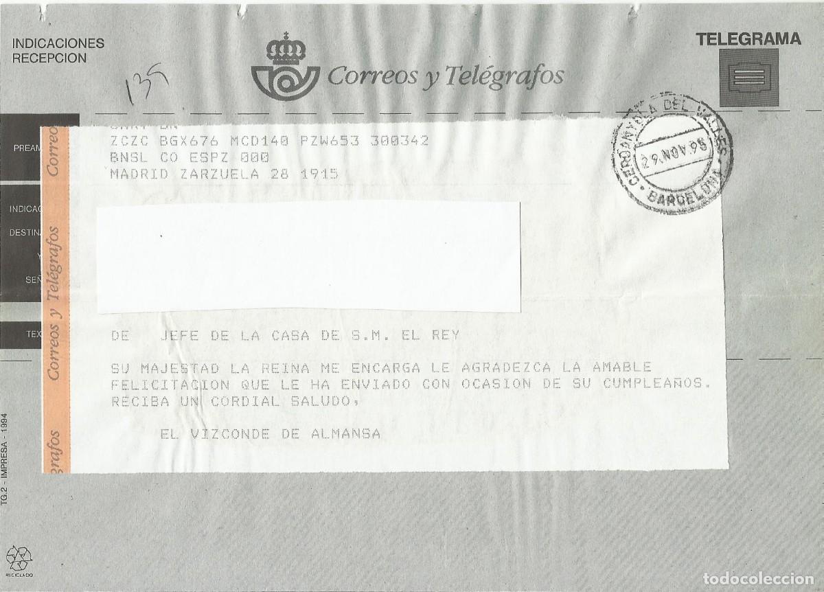 Documentos antiguos: Telegrama. Jefe Casa S. M. El Rey. Vizconde de Almansa. Madrid. Zarzuela. 1995. 15x21 cm.