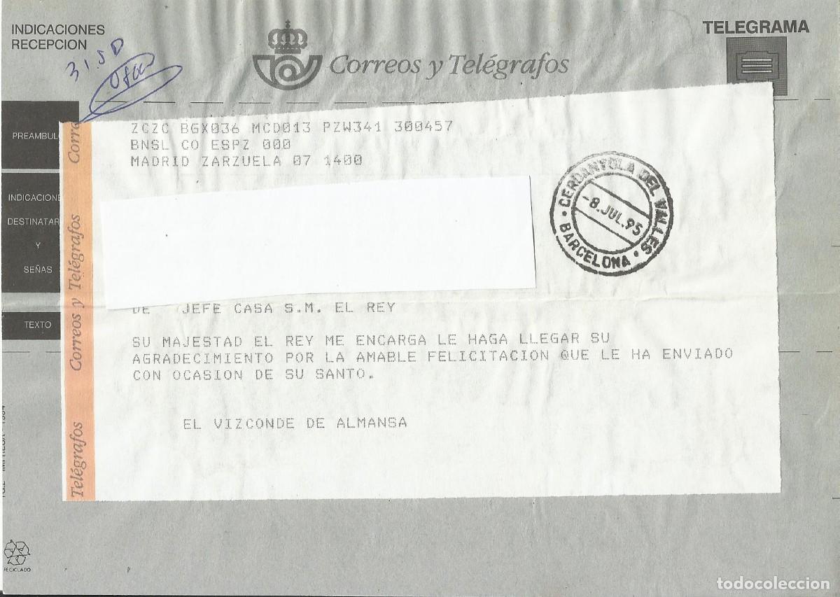 Documentos antiguos: Telegrama. Jefe Casa S. M. El Rey. Vizconde de Almansa. Madrid. Zarzuela. 1995. 15x21 cm.