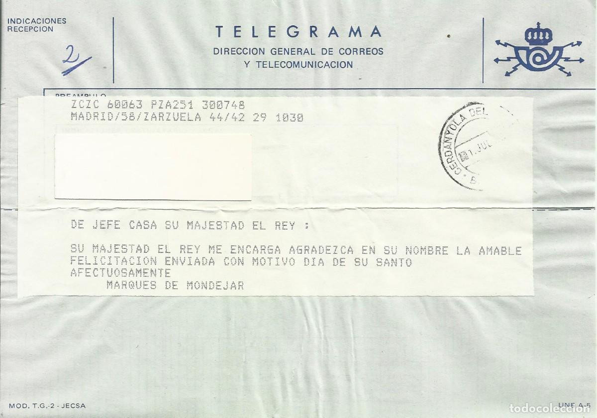 Documentos antiguos: Telegrama. Jefe Casa S. M. El Rey. Marqu&eacute;s de Mondejar. Madrid. Zarzuela. 1984. 15x21 cm.
