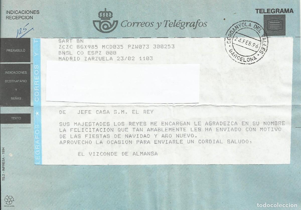 Documentos antiguos: Telegrama. Jefe Casa S. M. El Rey. Vizconde de Almansa. Madrid. Zarzuela. 1996. 15x21 cm.