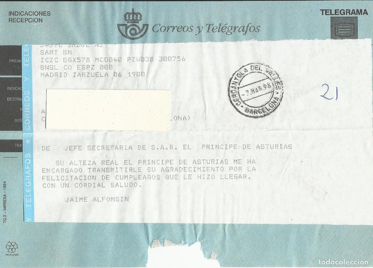 Documentos antiguos: Telegrama. Jefe Casa S. M. El Rey. Jaime Alfons&iacute;n. Madrid. Zarzuela. 1996. 15x21 cm.