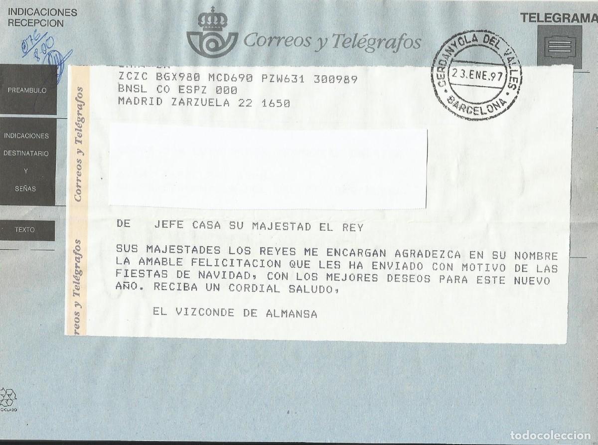 Documentos antiguos: Telegrama. Jefe Casa S. M. El Rey. El Vizconde de Almansa. Madrid. Zarzuela. 1997. 15x20,5 cm.