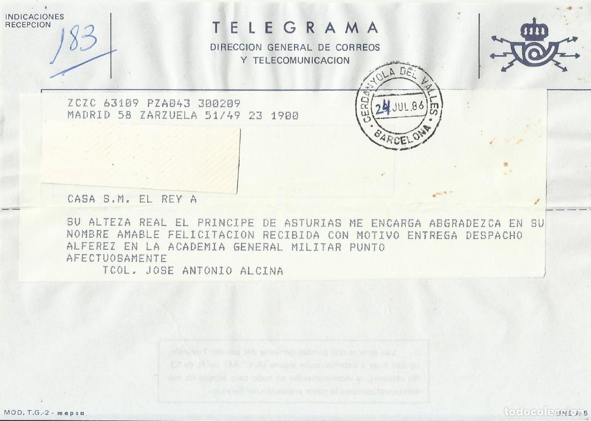 Documentos antiguos: Telegrama. Jefe Casa S. M. El Rey. Jose Antonio Alcina. Madrid. Zarzuela. 1986 15x20,5 cm.