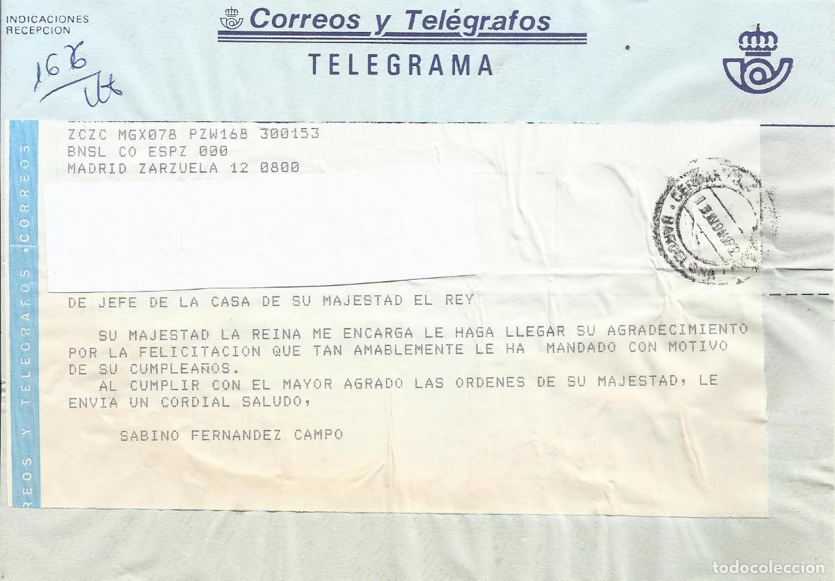 Documentos antiguos: Telegrama. Jefe Casa S. M. El Rey. Sabino Fern&aacute;ndez Campo. Madrid. Zarzuela. 1992. 15x20,5 cm.