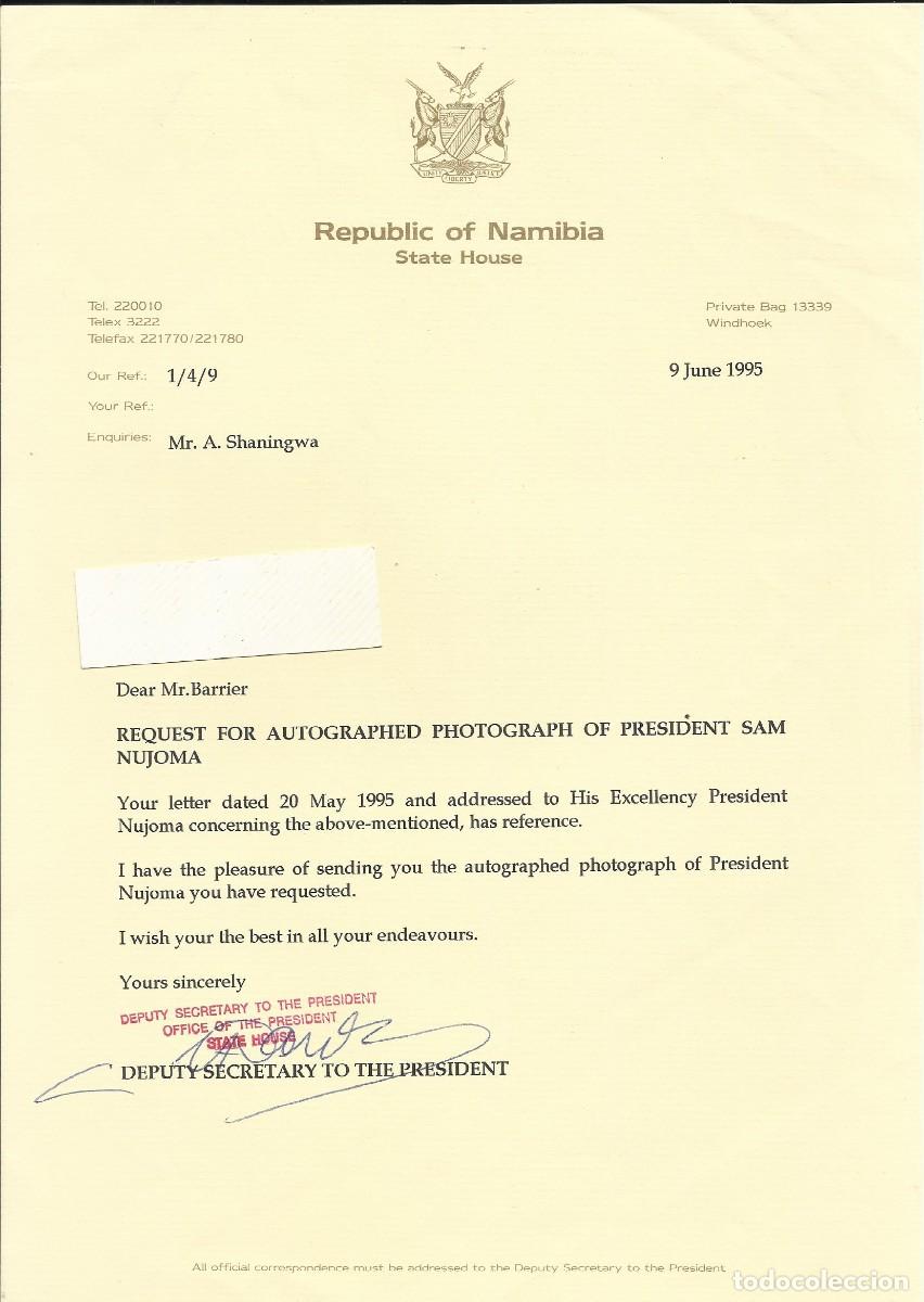 Documentos antiguos: Namibia. State House. Presidencia. A. Shaningwa. Secretario. Documento firmado. 1995. 30x21 cm.