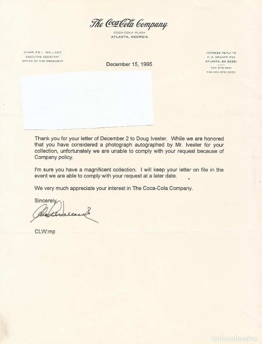 Documentos antiguos: Coca-Cola Company. Charles L. Wallace. USA. Atlanta. Georgia. Documento firmado. 1995. 28x21 cm.