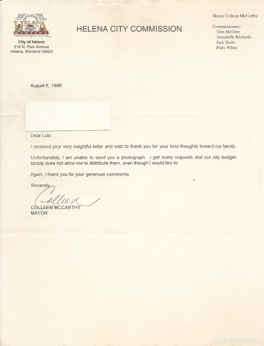 Documentos antiguos: Helena City Commission. Montana. USA. Colleen Mccarthy. Mayor. Documento firmado. 1996. 28x21 cm.